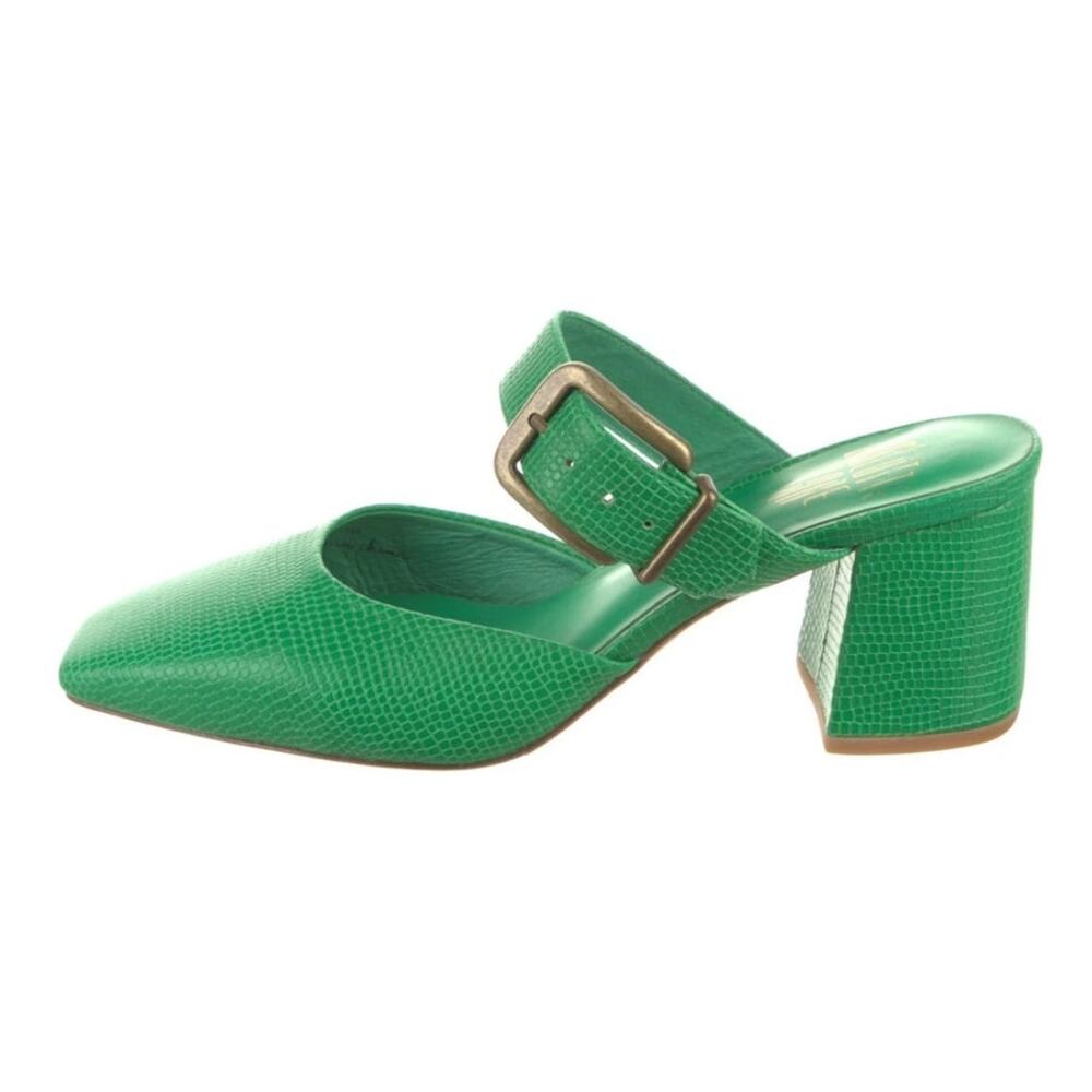 Charlotte Stone Green Embossed Leather Mary Jane Platform Block Heel Mule Pumps